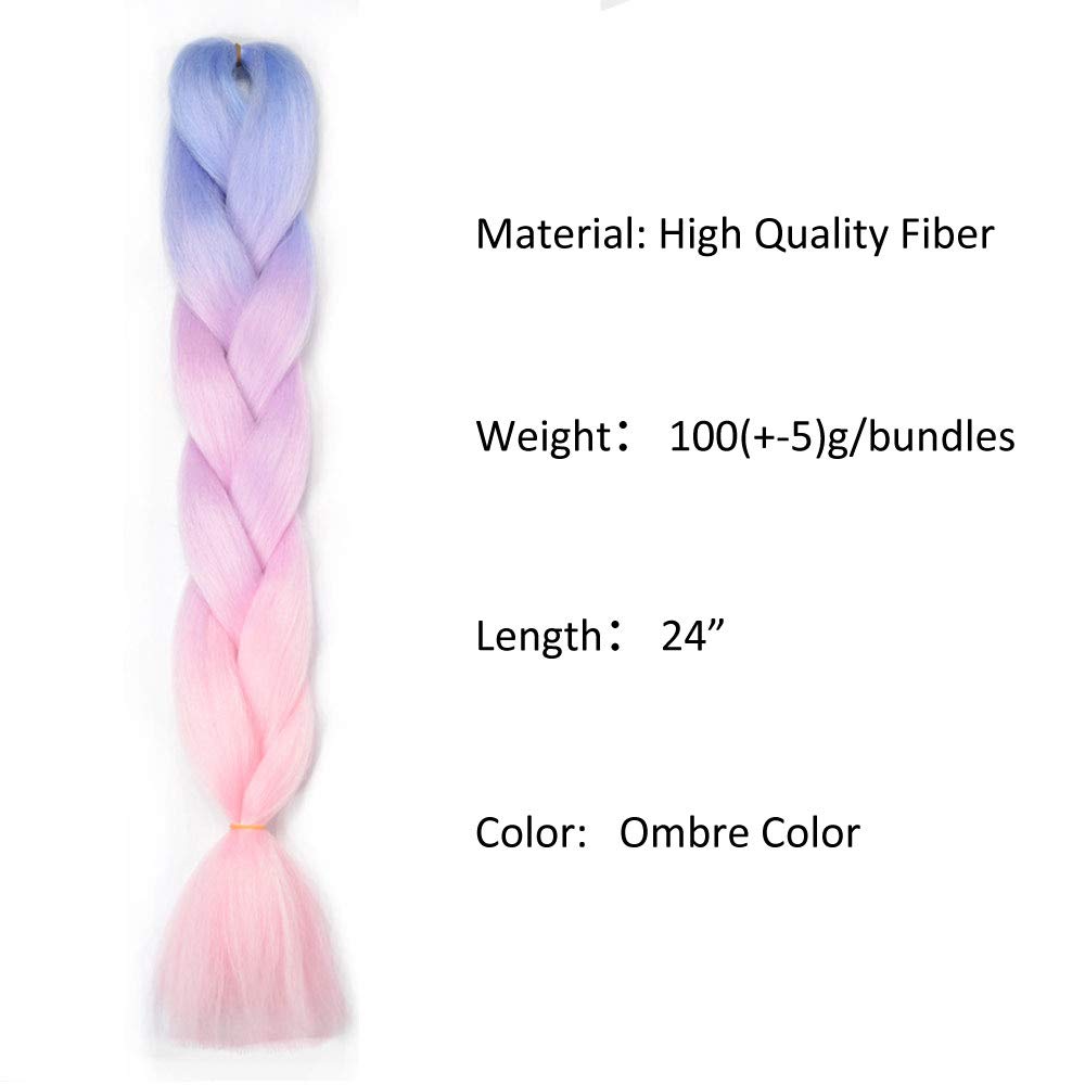 VCKOVCKO 100% Ombre Jumbo Braiding Hair Synthetic Fiber Extensions 24",5 Bundles/Lot(Blue-Light purple-Pink)