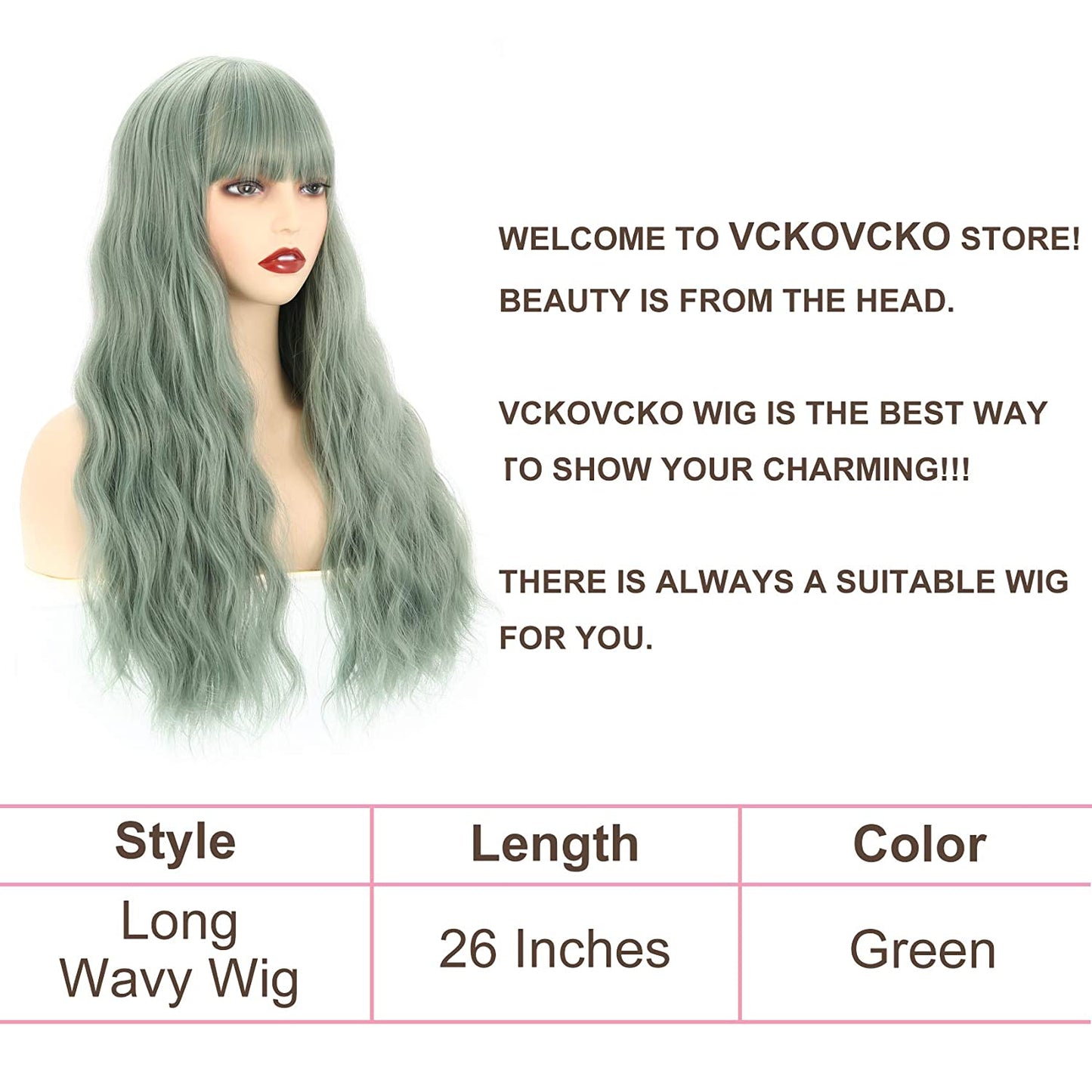 VCKOVCKO Long Loose Curly Wavy Wig With Air Bangs(26",Green)