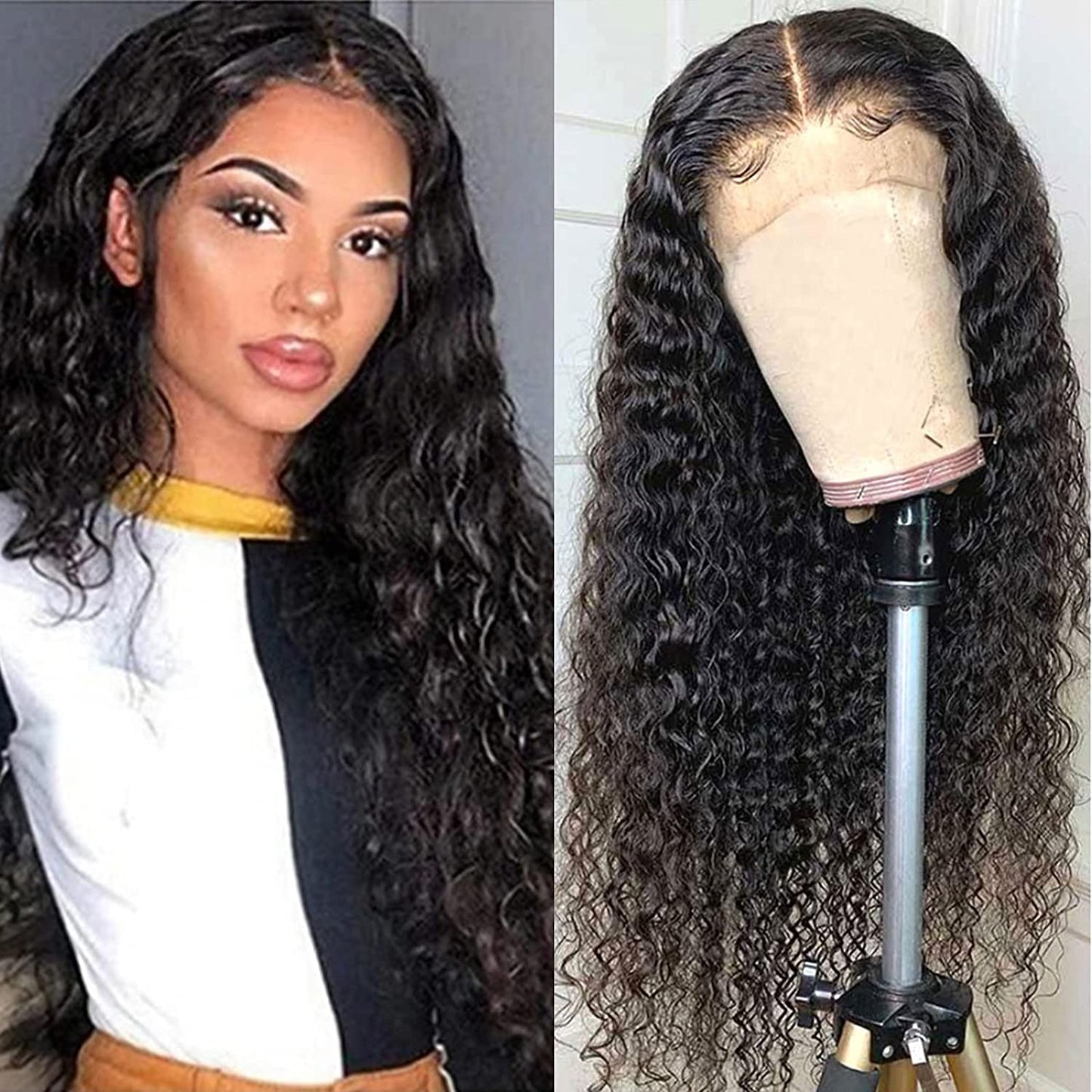 TELLBEEN Water Wave 4x4 Lace Front Wigs 100% Virgin Human Hair Wigs 150% Density