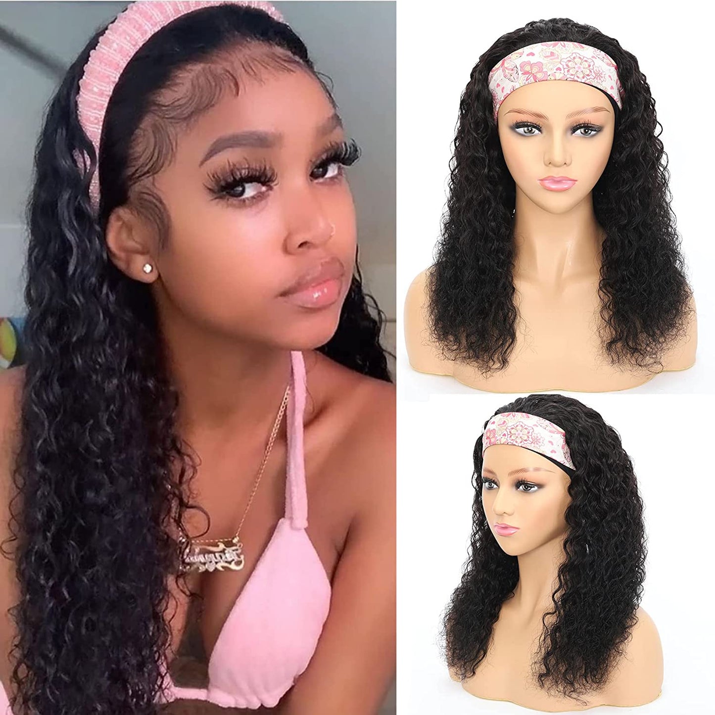 TELLBEEN Water Wave Glueless Headband Wig Human Hair Natural Color 150% Density