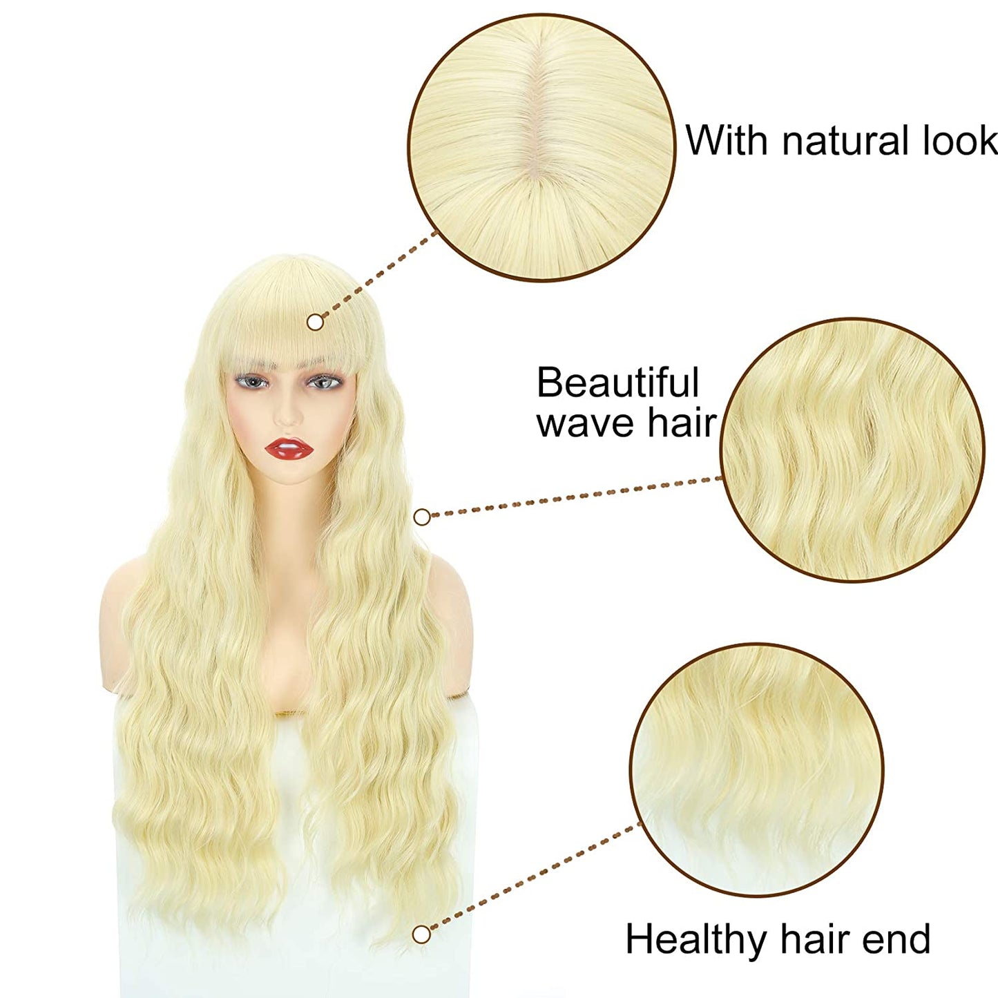 VCKOVCKO Long loose Wavy Synthetic Wig With Air Bangs 28"(Blonde)