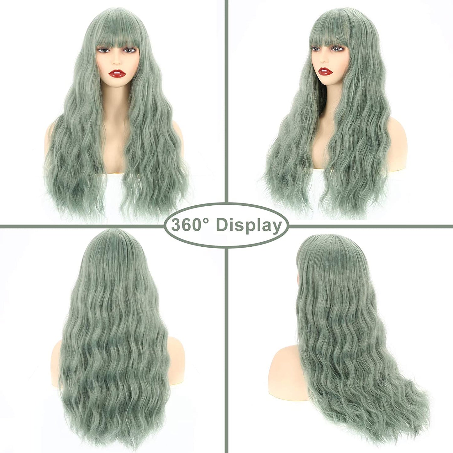 VCKOVCKO Long Loose Curly Wavy Wig With Air Bangs(26",Green)
