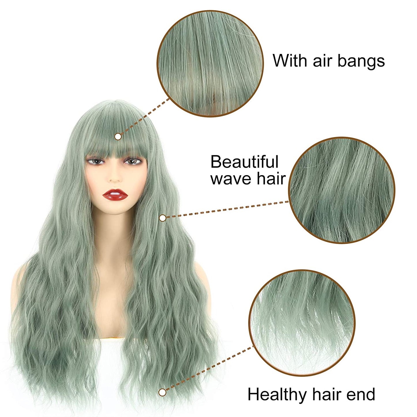 VCKOVCKO Long Loose Curly Wavy Wig With Air Bangs(26",Green)