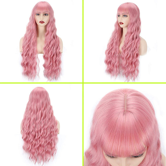 VCKOVCKO Long loose Wavy Synthetic Wig With Air Bangs 28"(Pink)
