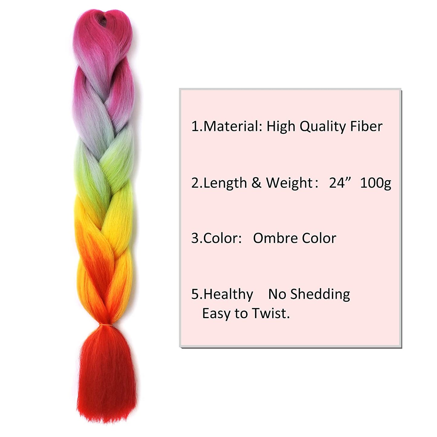 VCKOVCKO 100% Kanekalon Jumbo Braiding Hair Synthetic Fiber Extensions 24",5 Bundles/Lot(Rainbow)