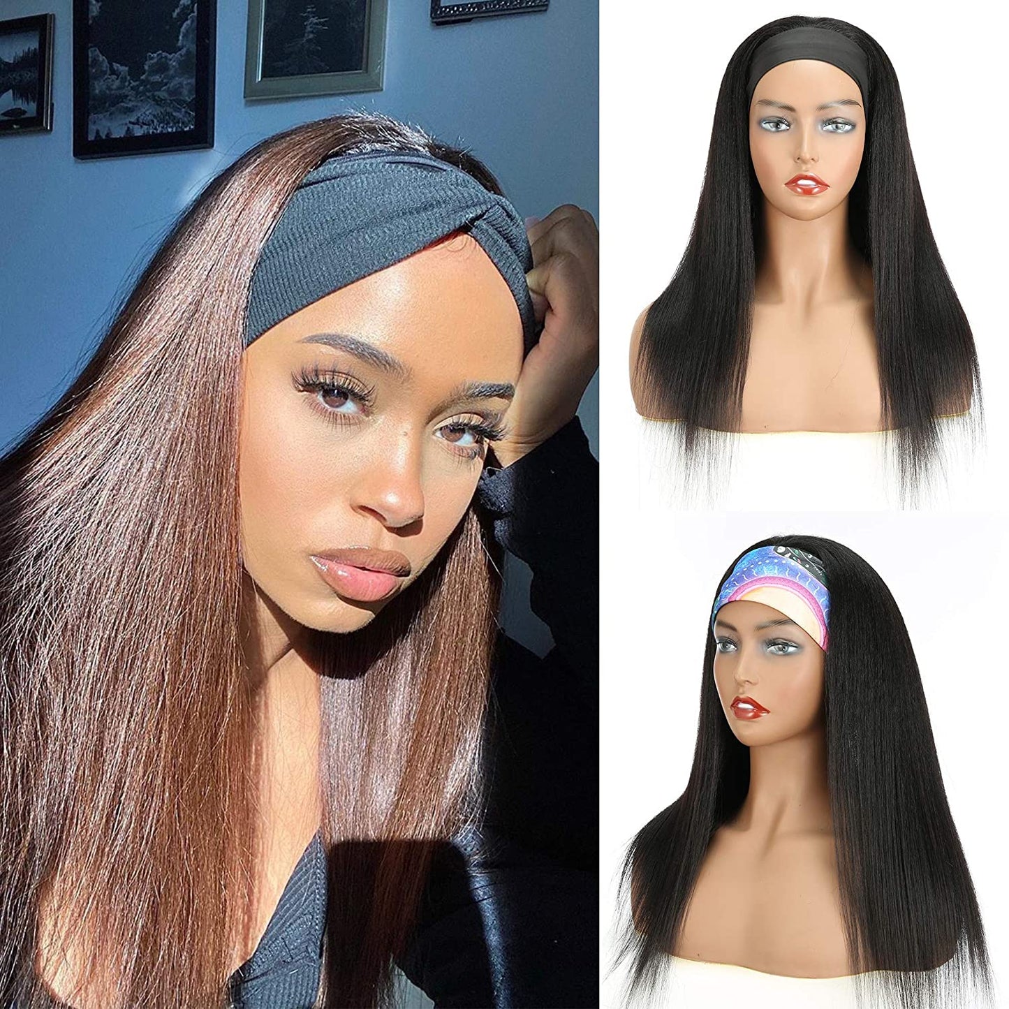 VCKOVCKO HeadBand Kinky Straight Mixed Human Hair Wig Yaki Straight 18"