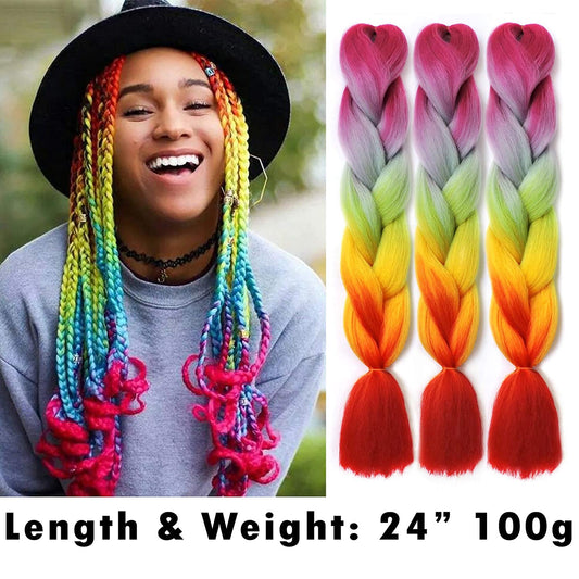 VCKOVCKO 100% Kanekalon Jumbo Braiding Hair Synthetic Fiber Extensions 24",5 Bundles/Lot(Rainbow)