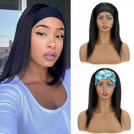 VCKOVCKO HeadBand Kinky Straight Mixed Human Hair Wig Yaki Straight 14"(Natural Black)